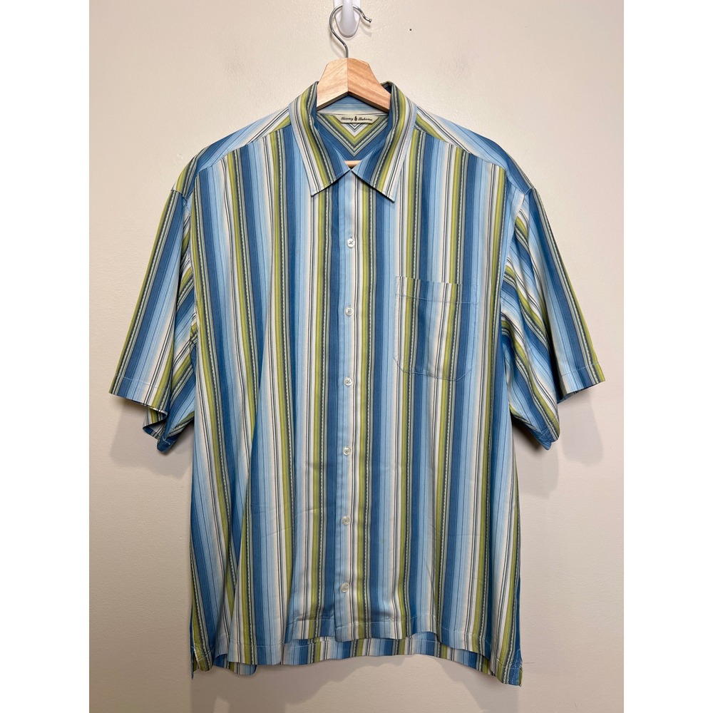 Tommy Bahama Mens Silk Short Sleeve Button Down Shirt Blue Green Striped M *read